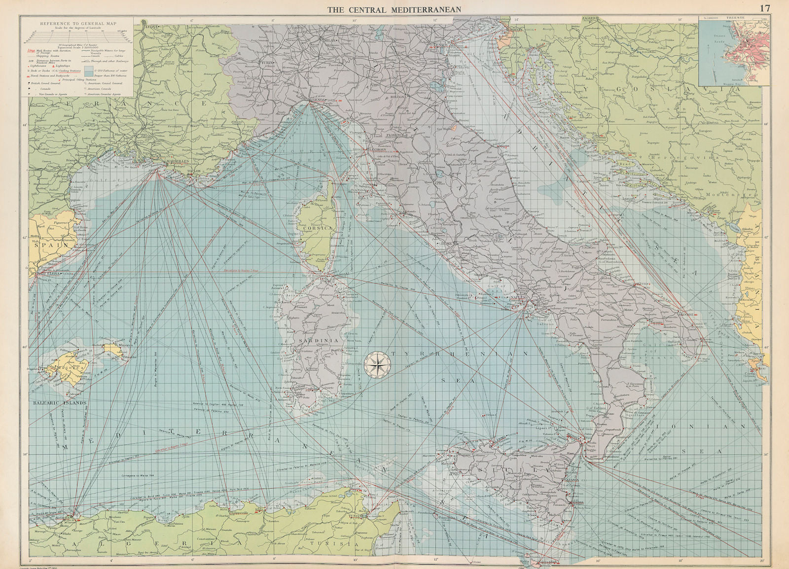 Central Mediterranean sea chart. Italy. Mail shipping routes. LARGE 1952 map
